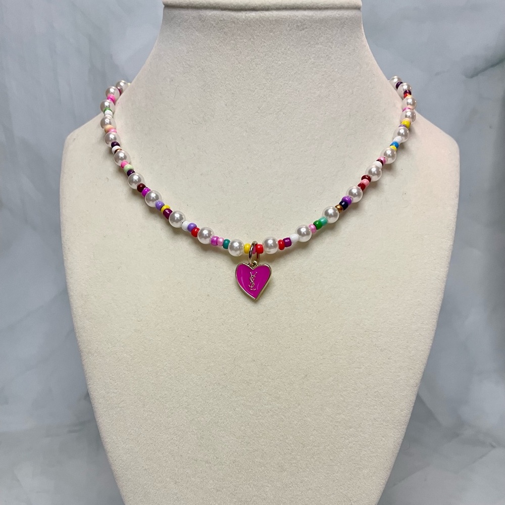 Upcycled Gold & Pink Heart Charm Colorful Beaded Necklace